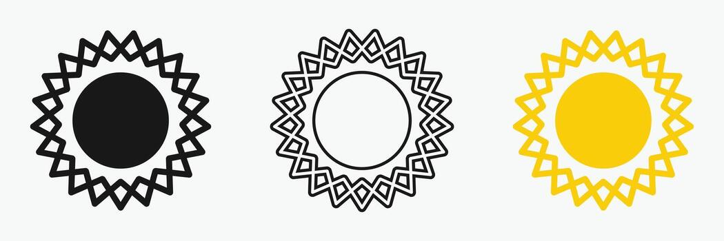 Sun icon set , including shining rays, sunset designs, Three circular geometric designs featuring star-like patterns. vector