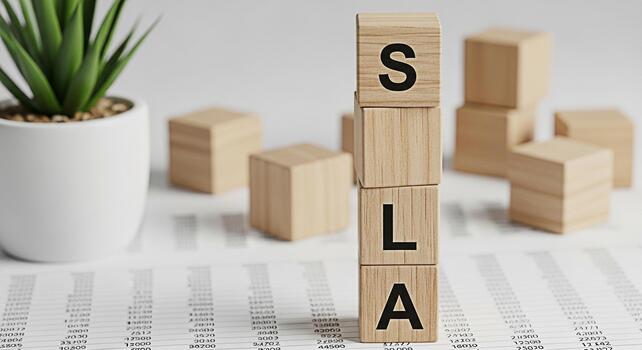 Wooden blocks spelling SLA standing on a financial report in a bright office symbolizing Service Level Agreement and commitment to quality and customer satisfaction in a professional environment photo