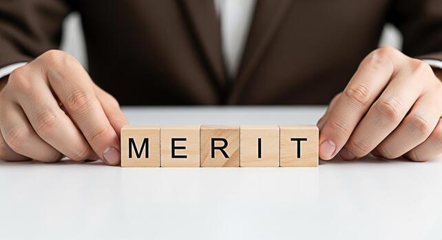 Professional hands arranging wooden blocks spelling MERIT on a clean white surface symbolizing achievement and success in a corporate environment emphasizing the concept of earning recognition through photo