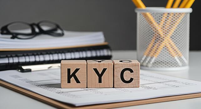 Wooden blocks spelling KYC on a clipboard in a bright office setting symbolizing compliance and identity verification processes for financial institutions and businesses promoting trust and security photo