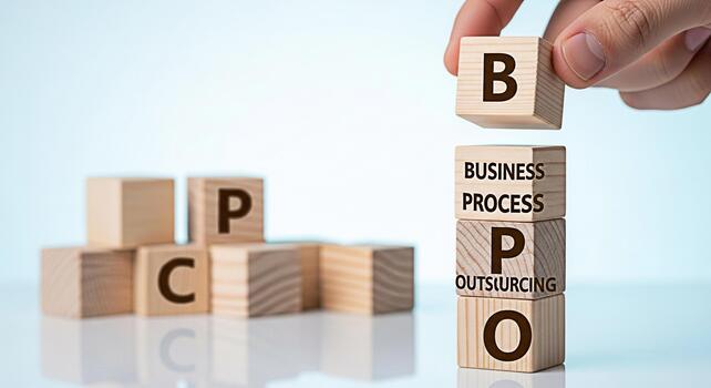 Hand placing a wooden block with the letter B on top of blocks spelling Business Process Outsourcing in a bright studio setting symbolizing strategic business growth and efficiency photo