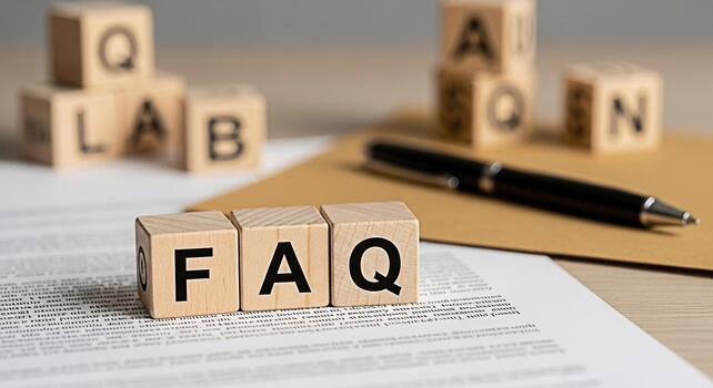 Wooden blocks spelling FAQ on a document with a pen and envelope in a bright office environment representing frequently asked questions and readily available answers for customer service and informati photo