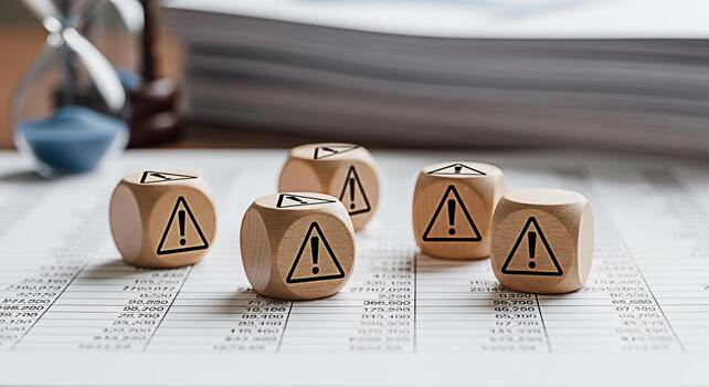 Wooden dice displaying warning signs resting on a financial spreadsheet with an hourglass and document stack in the background symbolizing risk assessment and time pressure in business decisions photo