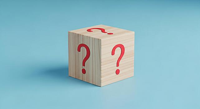 Wooden cube displaying red question marks on a light blue background symbolizing uncertainty and mystery creating a mood of curiosity and intrigue ideal for educational and problemsolving concepts photo