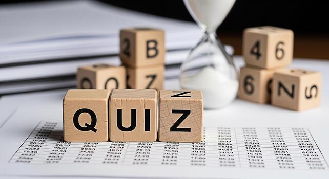 Wooden blocks spelling QUIZ placed on a financial spreadsheet with an hourglass in the background representing a timed test and the concept of knowledge assessment in a business environment photo