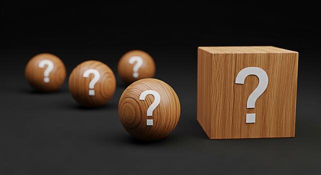 Wooden spheres and a cube displaying question marks on a dark surface symbolizing uncertainty mystery and the search for answers in business education and personal development contexts photo