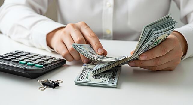 Accountant counting US dollar bills on a white desk with a calculator and binder clip representing financial management investment and wealth accumulation in a clean professional setting photo