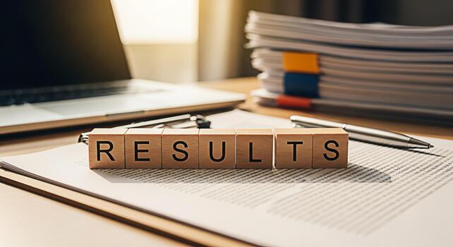 Wooden blocks spelling RESULTS sit on a document in a bright office symbolizing achievement and success in business with a laptop and paperwork in the background creating a sense of accomplishment photo