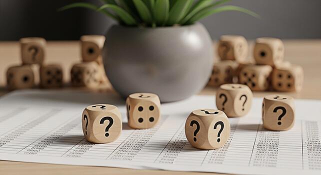 Wooden dice displaying question marks and numbers scattered on a financial spreadsheet in a bright office setting representing uncertainty risk assessment and strategic decisionmaking in business and photo