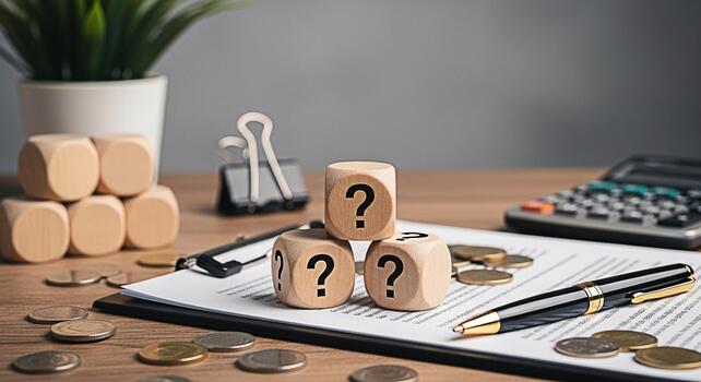 Wooden dice displaying question marks on a financial document amidst coins and a calculator on a wooden desk representing uncertainty in business investment risks and financial planning dilemmas photo
