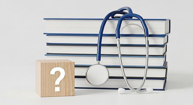 Stethoscope resting on a stack of medical textbooks next to a wooden block with a question mark in a bright studio setting symbolizing medical education and the pursuit of knowledge in healthcare photo