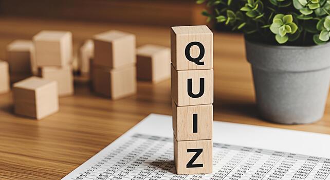 Stacked wooden blocks spelling QUIZ on a desk with financial data creating a concept of testing knowledge and business acumen in a professional environment with a focus on learning and assessment photo