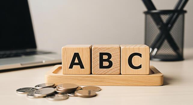 Wooden blocks displaying ABC on a desk with coins symbolizing basic financial literacy and early education in a modern office setting promoting concepts of learning investment and financial planning photo