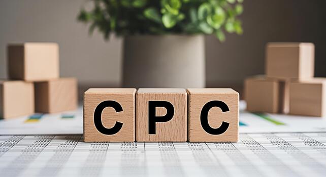 Wooden blocks displaying CPC on a financial report in a bright office representing cost per click advertising and online marketing strategies for business growth and success photo