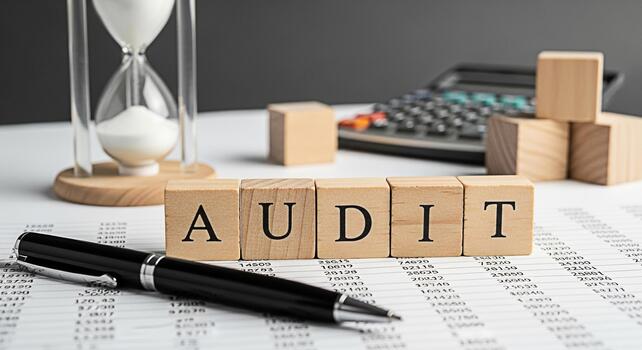 Financial audit concept showing wooden blocks spelling AUDIT on a spreadsheet with a pen calculator and hourglass in a professional and detailoriented environment emphasizing accuracy and time managem photo