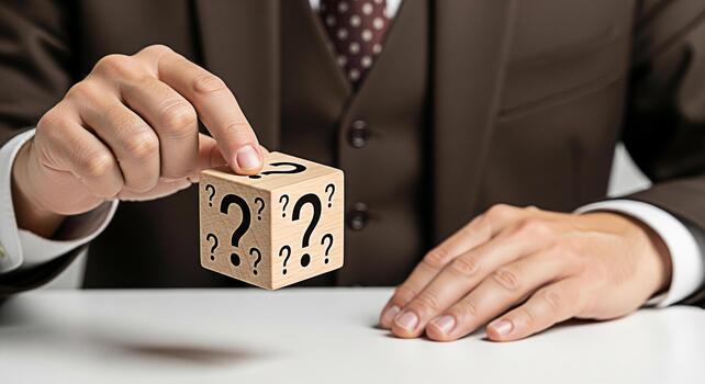 Contemplative businessman in a suit holding a wooden cube with question marks on a white desk symbolizing uncertainty and the need for strategic decisionmaking in a complex business environment photo