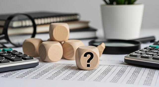 Wooden dice displaying a question mark on a financial spreadsheet in a bright office setting representing uncertainty in business investment decisions and the need for financial planning and analysis photo