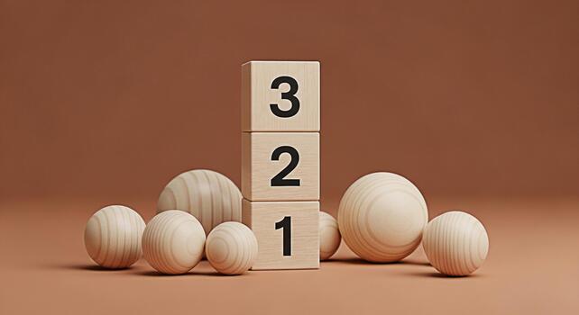 Wooden blocks displaying numbers 1 2 and 3 surrounded by wooden spheres on a brown surface creating a minimalist and educational composition with a focus on counting and early learning photo