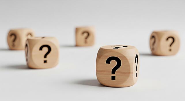 Wooden dice displaying question marks scattered on a white surface symbolizing uncertainty and the search for answers in a minimalist and contemplative setting evoking curiosity and problemsolving photo