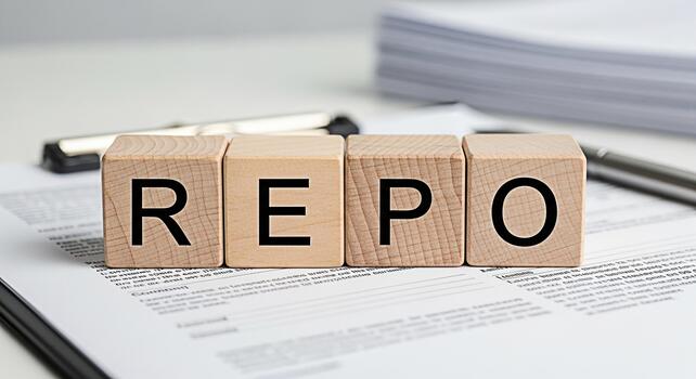 Wooden blocks spelling REPO on a financial document in a bright office setting symbolizing repurchase agreement and financial transactions with a focus on business and investment strategies photo
