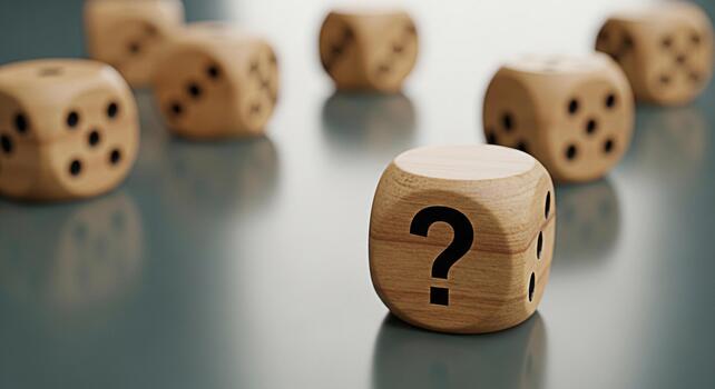 Wooden dice with a question mark facing forward on a reflective surface surrounded by other dice representing uncertainty risk and the challenge of decisionmaking in business and life photo
