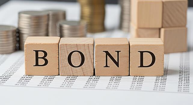 Wooden blocks spelling BOND on financial report with stacks of coins representing investment in fixed income securities and financial stability in a secure and reliable environment photo