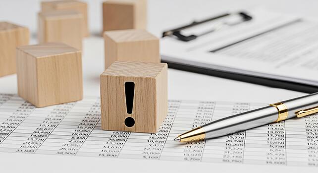 financiero riesgo evaluación de madera bloquear con exclamación marca destacando potencial cuestiones en un hoja de cálculo con financiero datos enfatizando el importancia de Cuidado análisis y atención a detalle yo foto