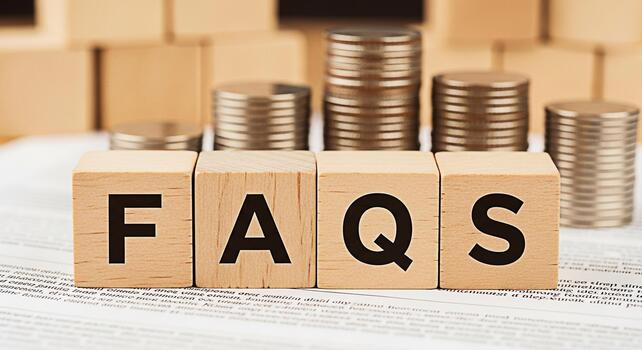Wooden blocks spelling FAQs placed on a document with stacks of coins in the background representing frequently asked questions about finance and investment creating a sense of clarity and information photo