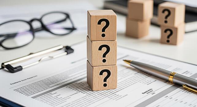 Stacked wooden blocks displaying question marks on a white desk with financial documents a pen and glasses representing uncertainty problemsolving and the need for answers in business photo