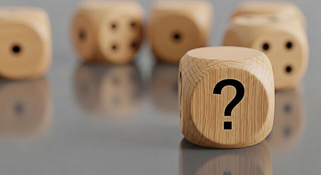 Wooden dice displaying a question mark on a reflective surface symbolizing uncertainty and decisionmaking in a game of chance creating a mood of intrigue and anticipation photo