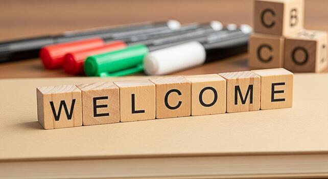 Wooden blocks spelling WELCOME on a book with colorful markers in the background conveying a warm and inviting atmosphere for new beginnings and learning opportunities in an educational setting photo