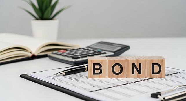 Wooden blocks spelling BOND resting on financial documents in a bright office setting symbolizing investment security and financial planning for a stable future promoting trust and reliability photo