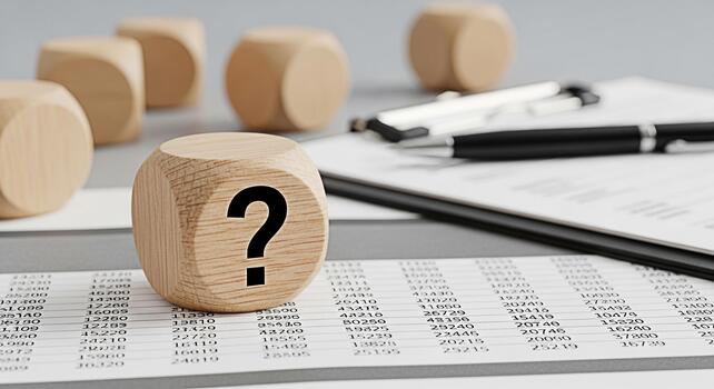 Wooden cube displaying a question mark resting on a financial document amidst blurred wooden blocks and a pen symbolizing uncertainty in business analytics and decisionmaking processes with a neutral photo