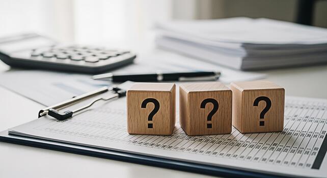 Wooden question mark blocks sitting on a financial report in a bright office environment representing uncertainty in business and investment decisions creating a mood of inquiry and problemsolving photo