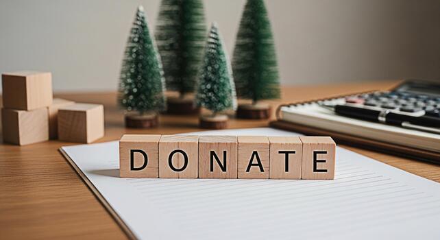 Wooden blocks spelling Donate on a desk next to Christmas trees and a calculator symbolizing the spirit of giving and charitable contributions during the holiday season in a warm and inviting setting photo
