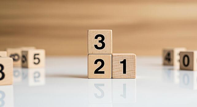 Wooden number blocks stacked on a reflective surface displaying numbers 1 2 and 3 surrounded by other blocks in a bright studio setting symbolizing counting learning and early childhood education photo