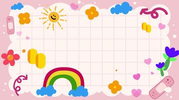 Vibrant checkered pastel animation background with a hand-drawn border featuring a cute rainbow, clouds, sun, and stars. A cheerful concept for a baby shower invitation or nursery room background video