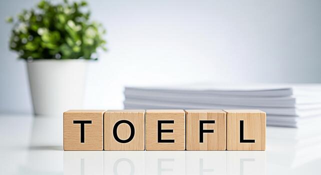 Wooden blocks spelling TOEFL on a white desk with a plant and stack of papers representing the concept of preparing for the Test of English as a Foreign Language with a clean and organized study envir photo