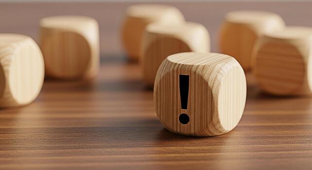 Wooden dice displaying an exclamation mark on a wooden table symbolizing urgency and the need for attention creating a sense of importance and focus in a minimalist setting photo