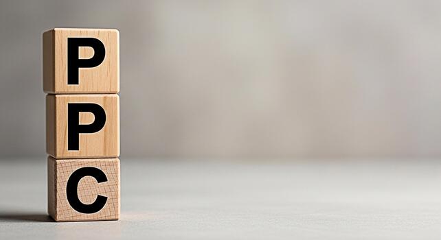 Wooden blocks displaying PPC in a neutral setting representing payperclick advertising and online marketing strategies for business growth and success in the digital age conveying a message of efficie photo
