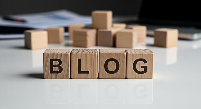 Wooden blocks spelling BLOG on a white desk with blurred laptop and charts in the background representing online content creation digital marketing and the importance of blogging for business success photo