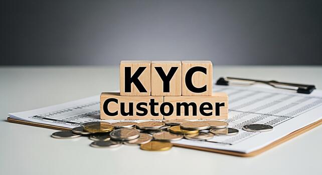 Wooden blocks displaying KYC Customer on a financial report with coins representing Know Your Customer compliance and financial due diligence in a regulatory environment conveying trust and security photo