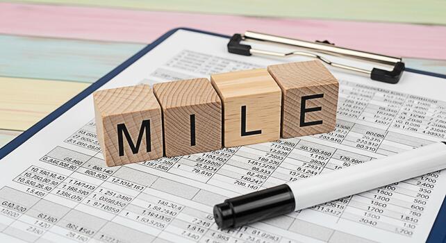 Wooden blocks spelling MILE on financial data sheet representing business goals and achievement in a corporate setting symbolizing success and progress in a competitive environment with a positive moo photo
