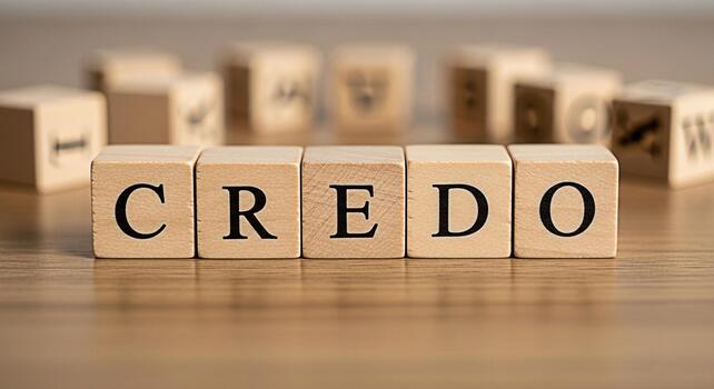 de madera bloques ortografía credo en un de madera superficie representando creencia y principios transporte un sentido de convicción y ético Fundación en un brillante minimalista ajuste foto