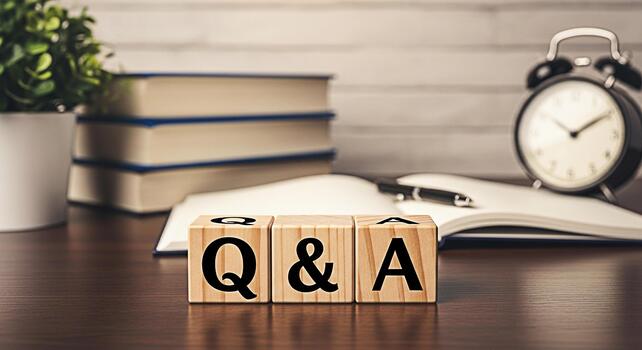 Wooden blocks displaying Q A on a wooden desk with books a notebook a pen and an alarm clock in a cozy office setting representing knowledge learning and problemsolving with a warm and inviting atmosp photo