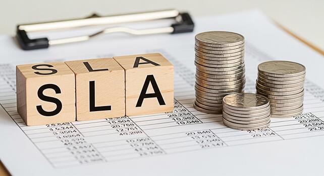 Wooden blocks spelling SLA with stacks of coins on a financial document representing service level agreement financial commitment and business accountability in a professional setting photo