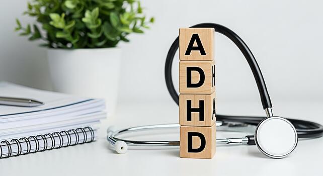 Wooden blocks spelling ADHD resting on a white desk with a stethoscope notepad and plant representing awareness and understanding of Attention Deficit Hyperactivity Disorder in a clinical setting photo