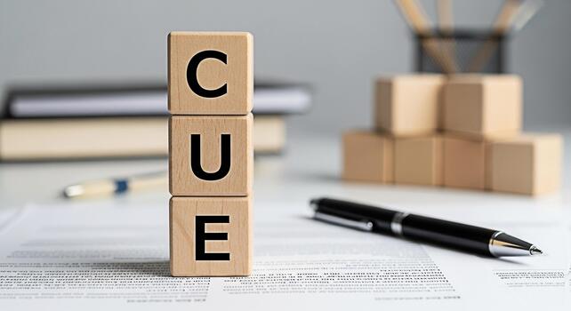 Wooden blocks spelling CUE standing on a document in a bright office symbolizing guidance prompts and reminders for successful task completion and effective communication in a professional setting photo
