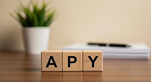 de madera bloques ortografía api en un escritorio con un cuaderno y bolígrafo simbolizando financiero crecimiento y inversión devoluciones en un profesional y optimista ajuste para negocio y Finanzas conceptos foto