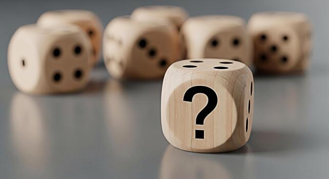 Wooden dice displaying a question mark on a gray surface representing uncertainty and risk in decisionmaking evoking a sense of challenge and the need for strategic thinking in a business context photo